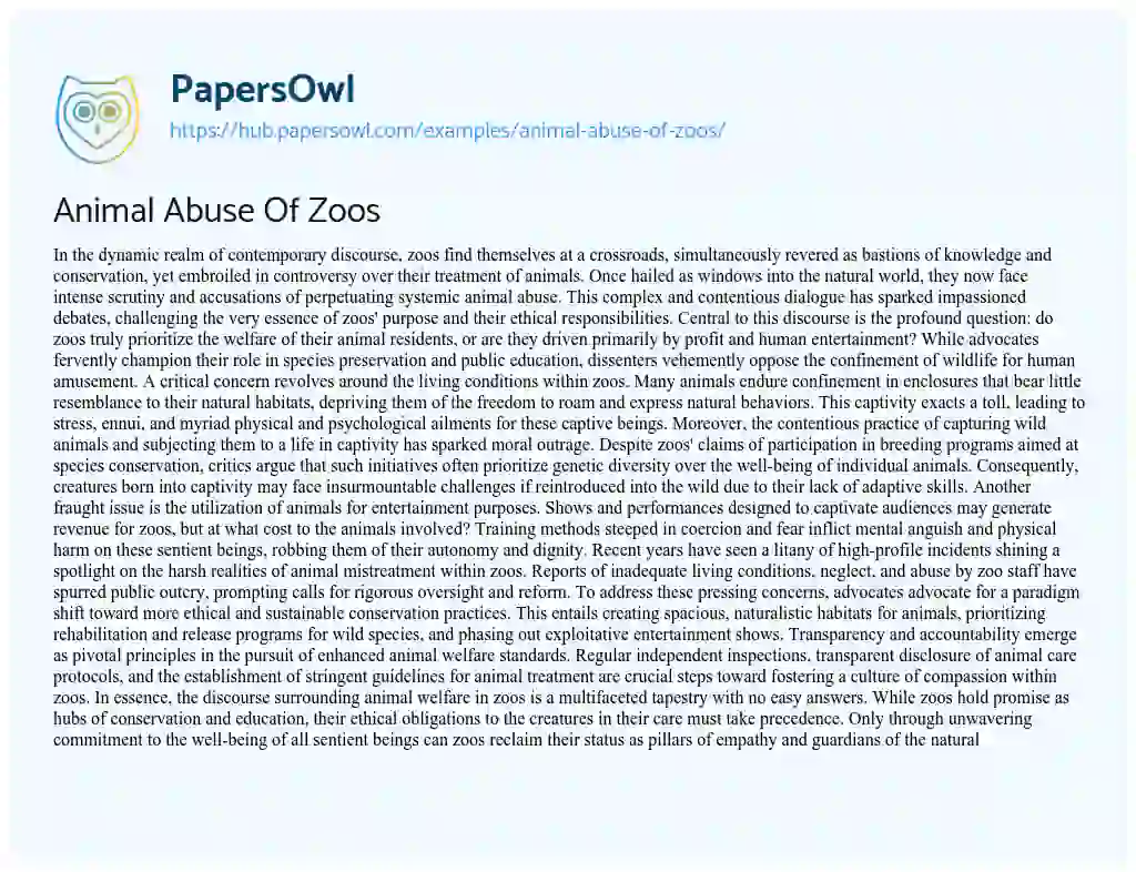 Essay on Animal Abuse Of Zoos