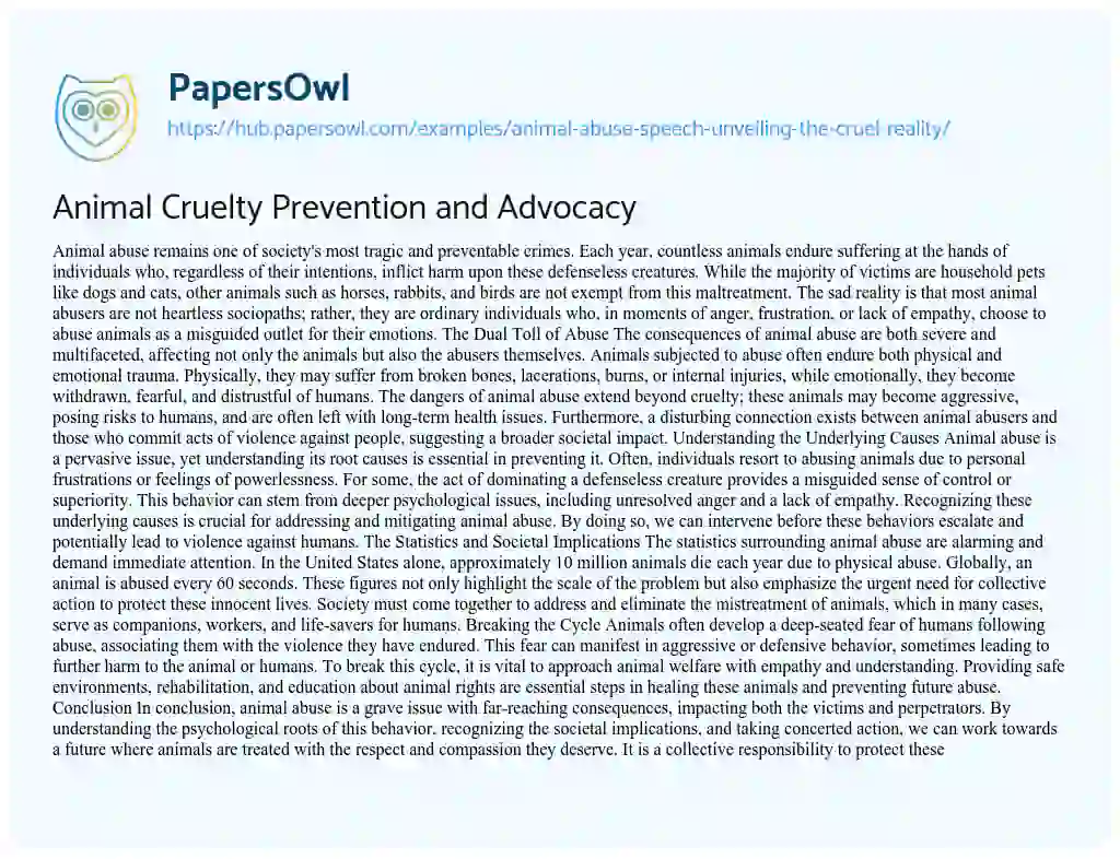 Essay on Animal Cruelty Prevention and Advocacy