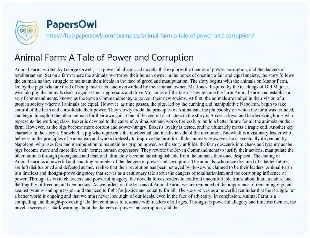 Essay on Animal Farm: A Tale of Power and Corruption