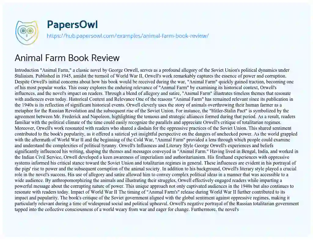 Essay on Animal Farm Book Review