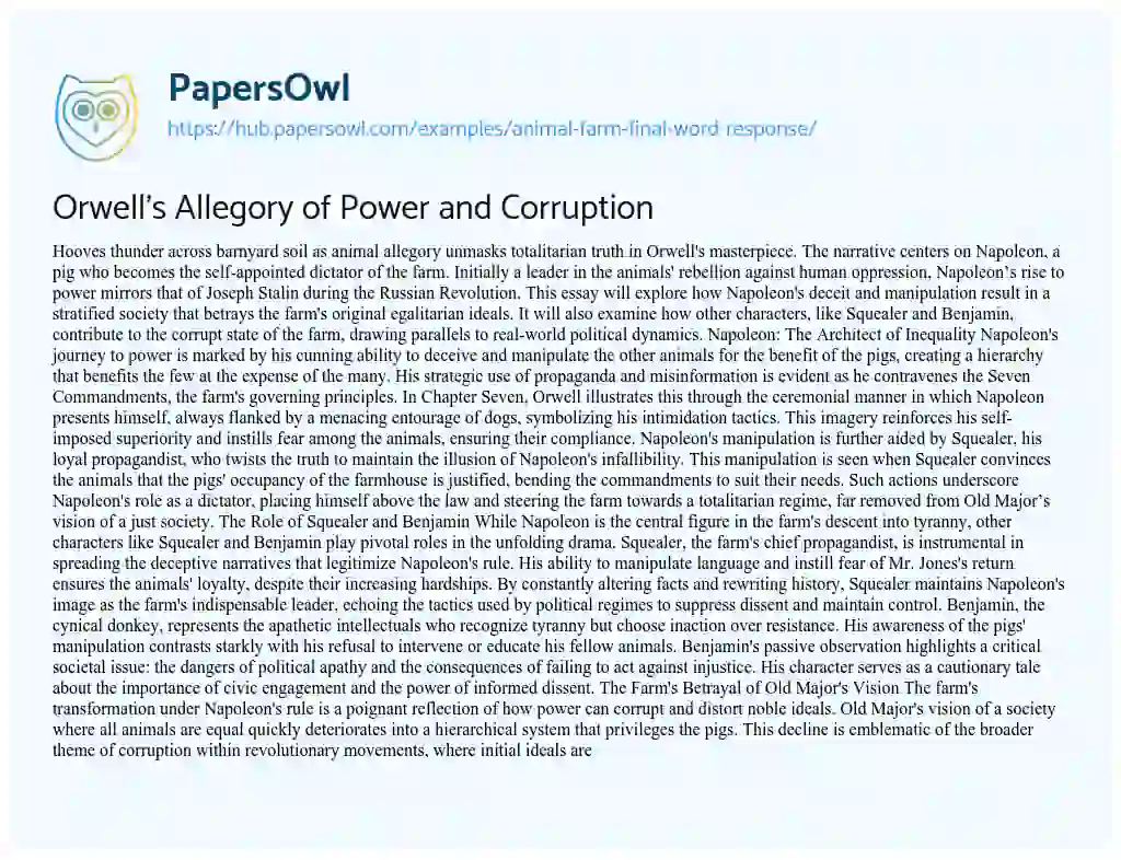 Essay on Orwell’s Allegory of Power and Corruption