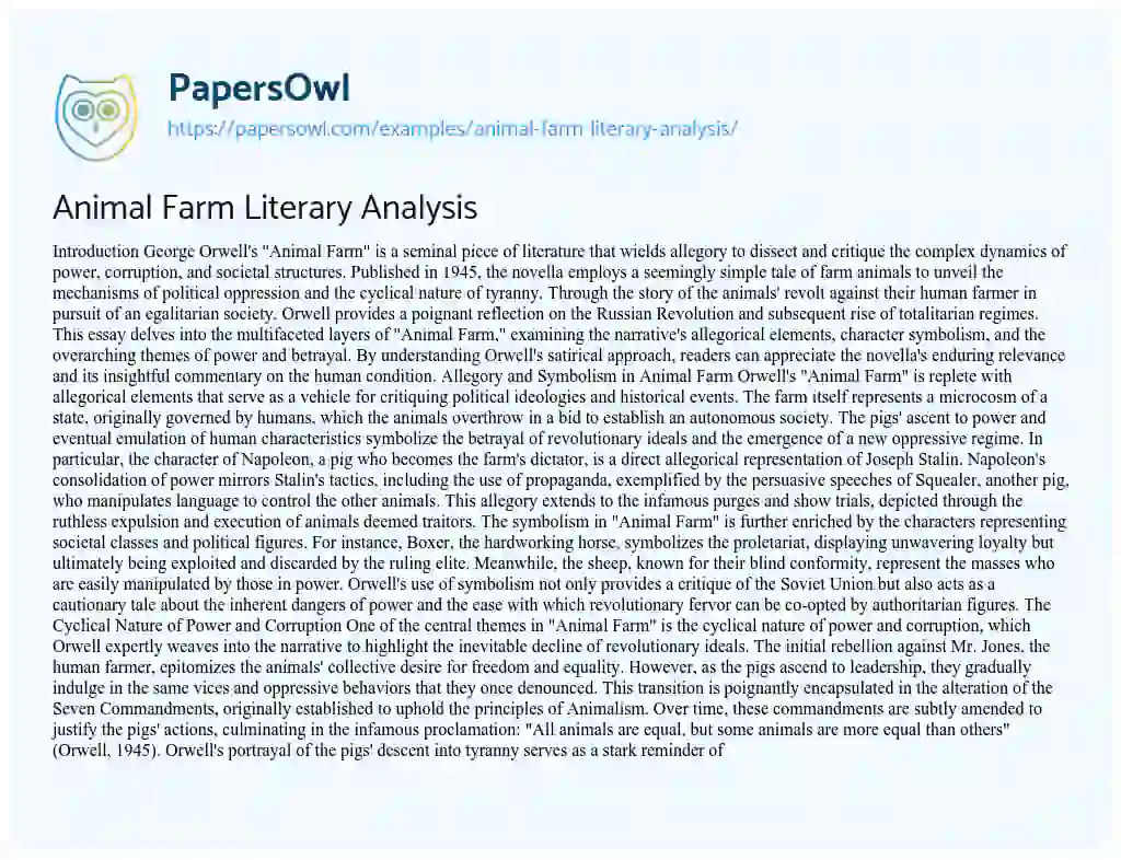 Essay on Animal Farm Literary Analysis