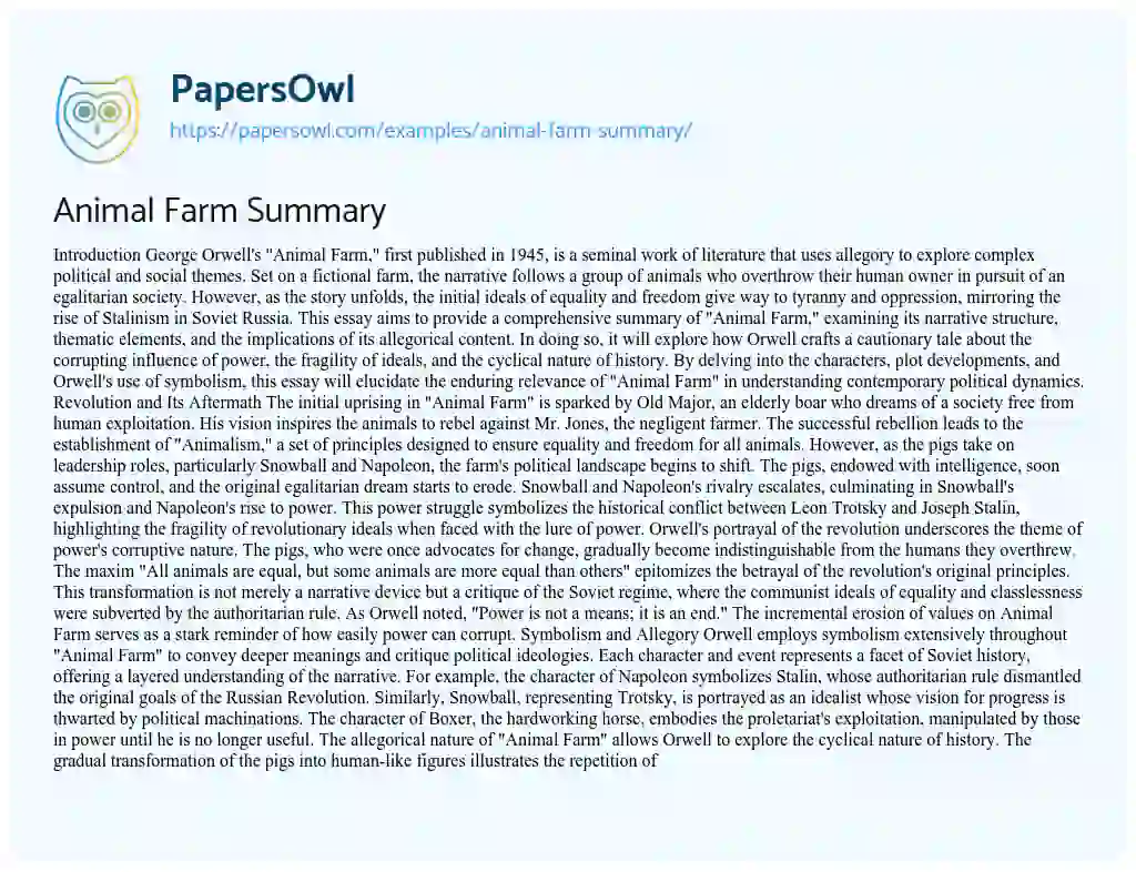 Essay on Animal Farm Summary