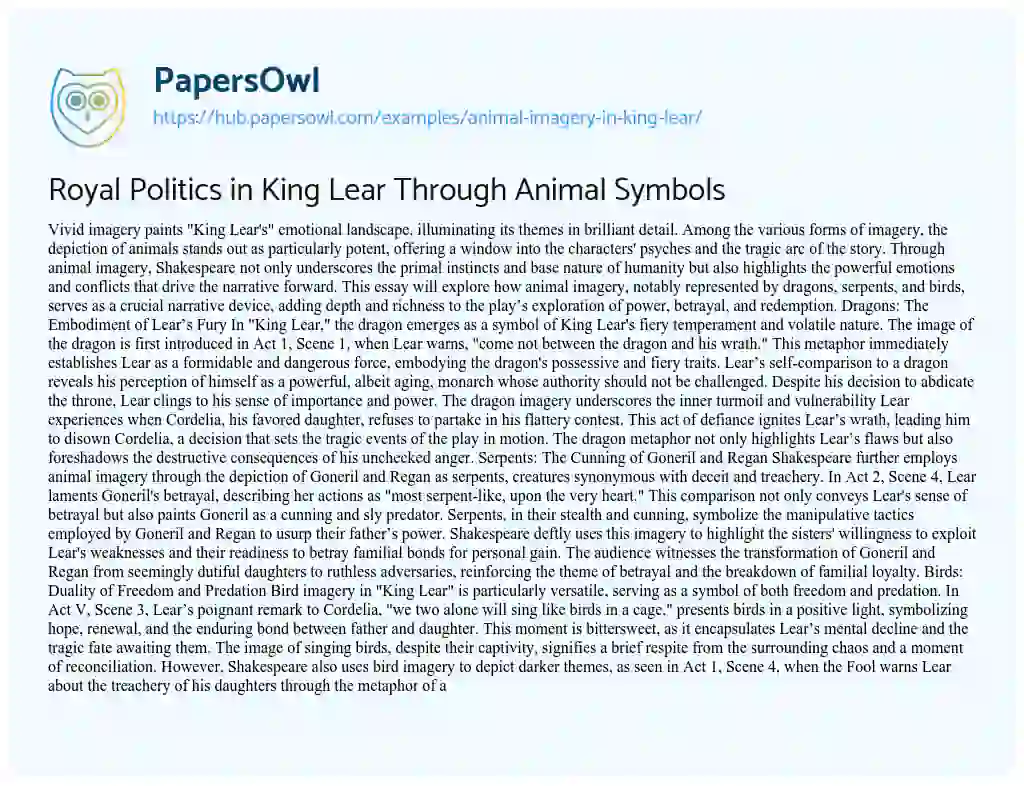 Essay on Royal Politics in King Lear Through Animal Symbols