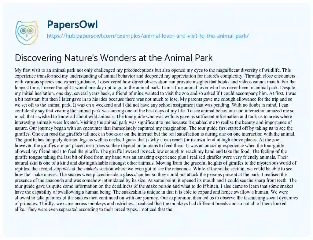 Essay on Discovering Nature’s Wonders at the Animal Park