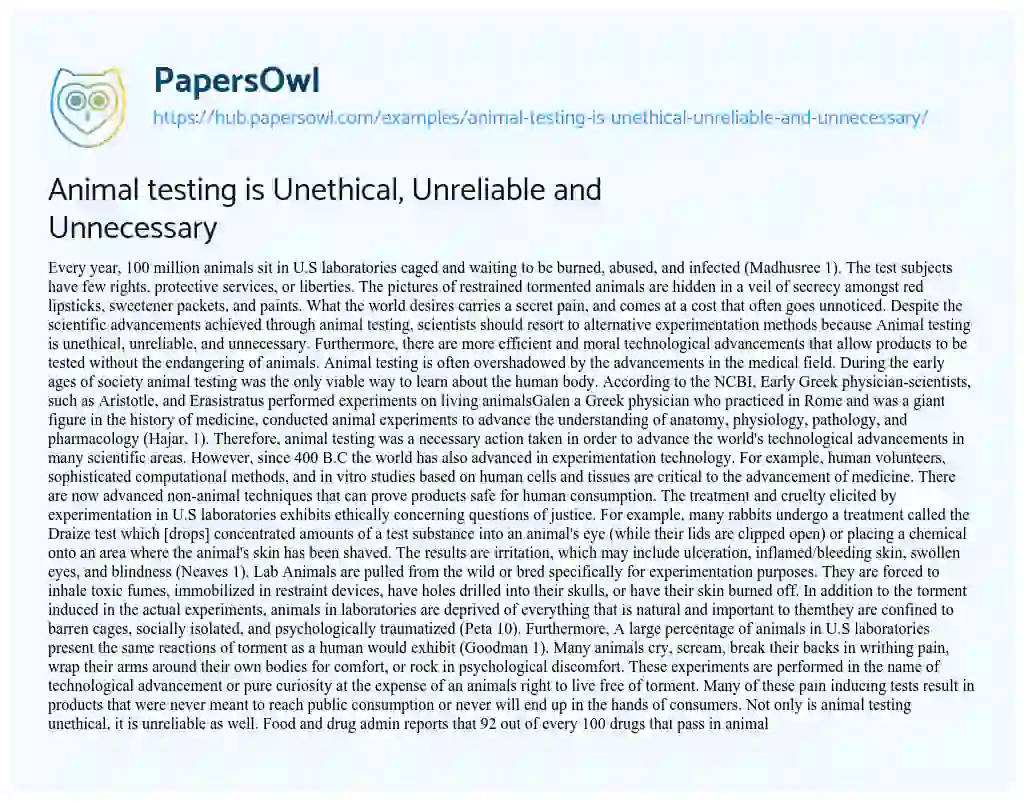 Essay on Animal testing is Unethical, Unreliable and Unnecessary