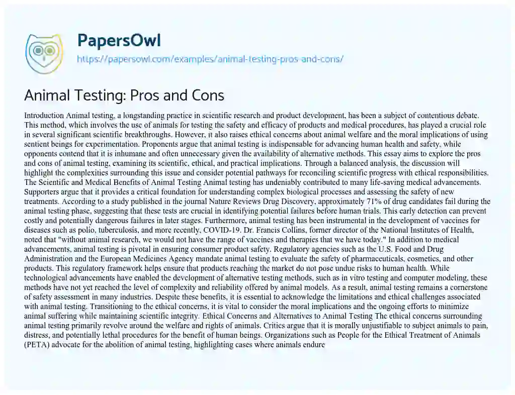 Essay on Animal Testing: Pros and Cons