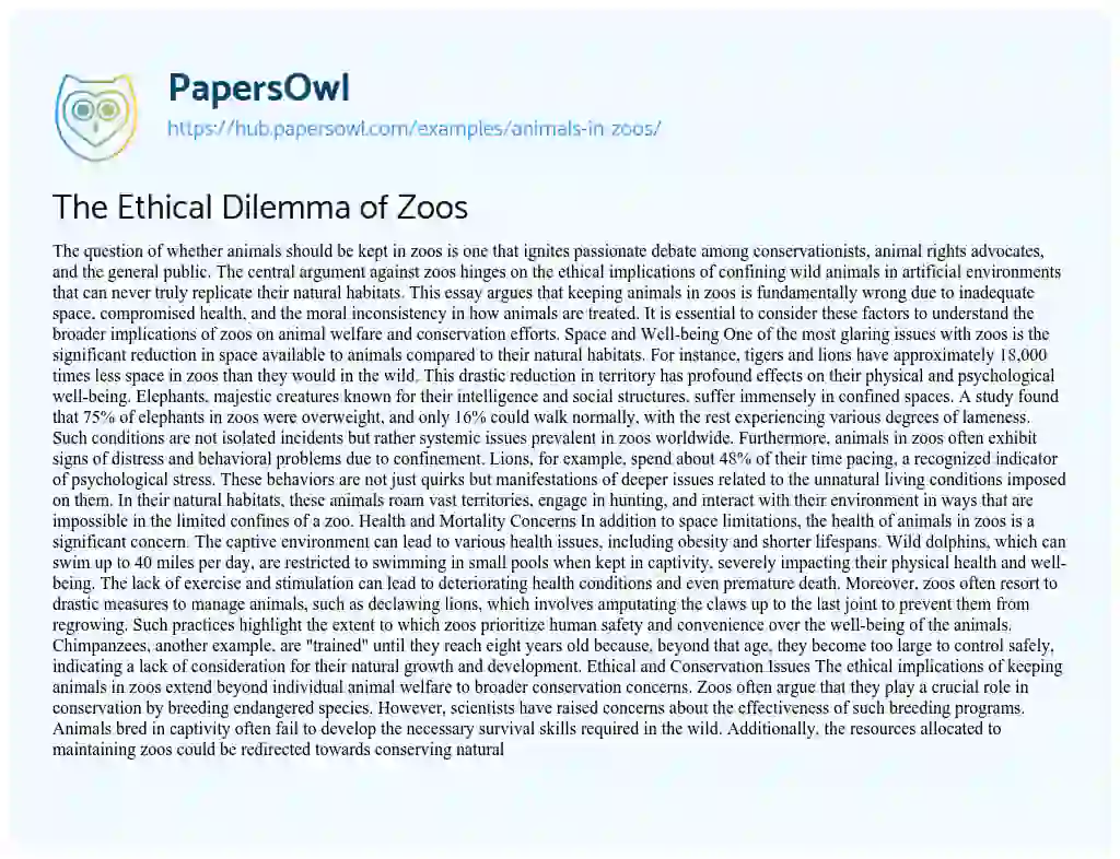Essay on The Ethical Dilemma of Zoos