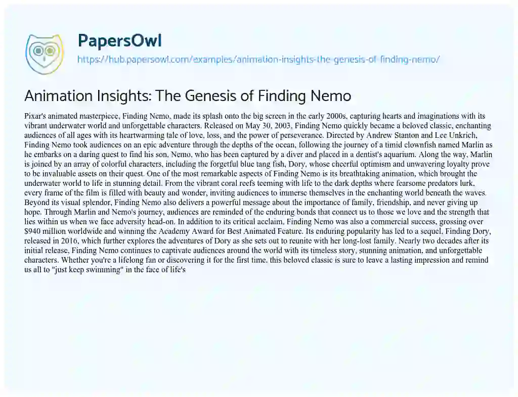 Essay on Animation Insights: The Genesis of Finding Nemo