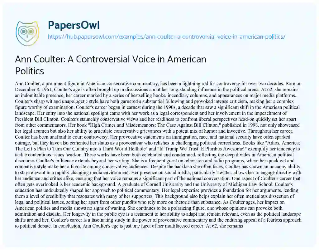 Essay on Ann Coulter: A Controversial Voice in American Politics
