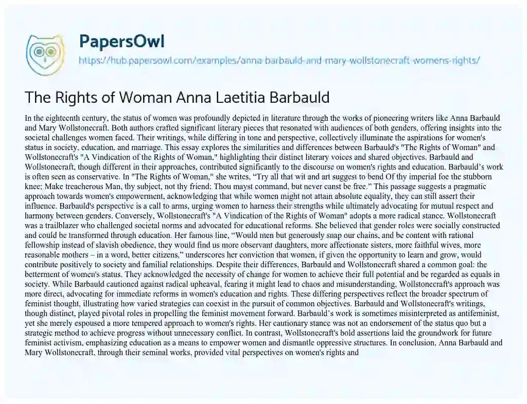 Essay on The Rights of Woman Anna Laetitia Barbauld