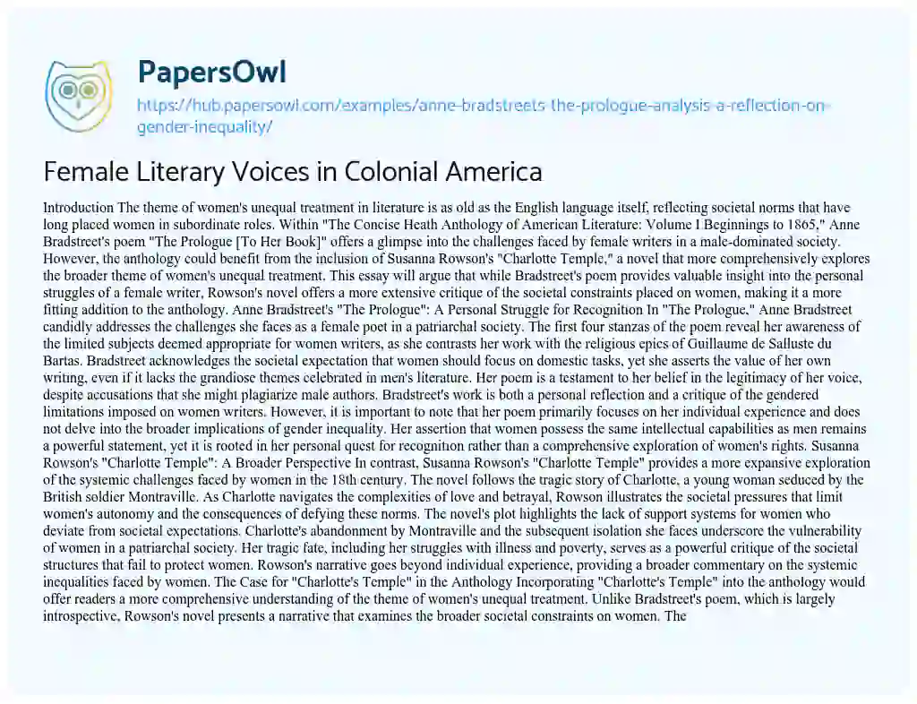 Essay on Female Literary Voices in Colonial America