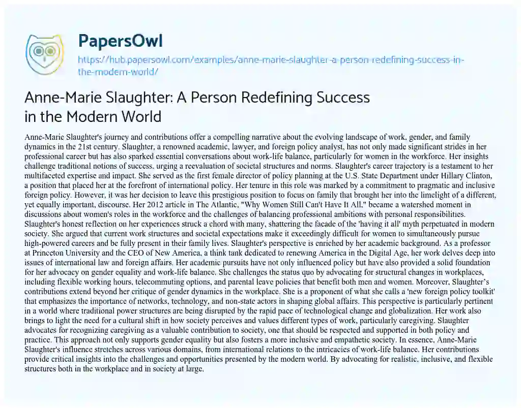 Essay on Anne-Marie Slaughter: A Person Redefining Success in the Modern World