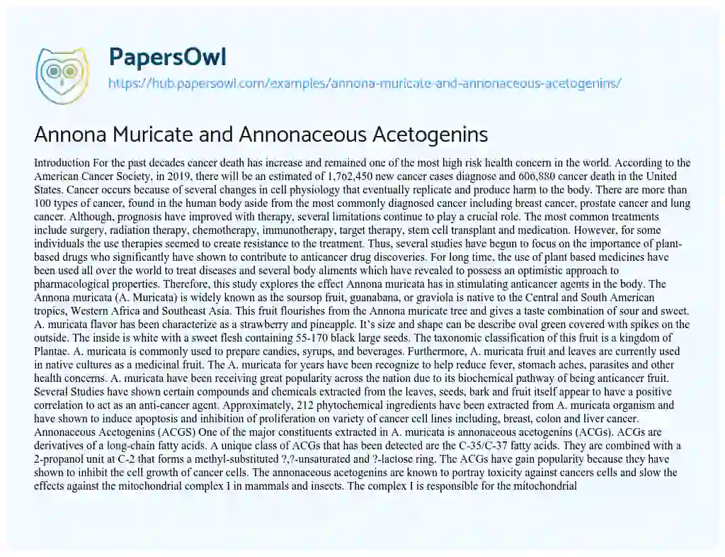 Essay on Annona Muricate and Annonaceous Acetogenins