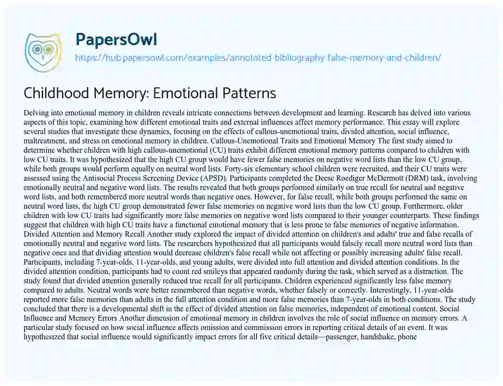 Essay on Childhood Memory: Emotional Patterns