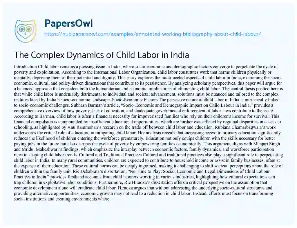 Essay on The Complex Dynamics of Child Labor in India