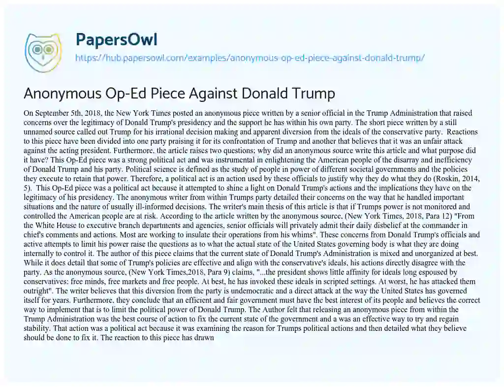 Essay on Anonymous Op-Ed Piece Against Donald Trump
