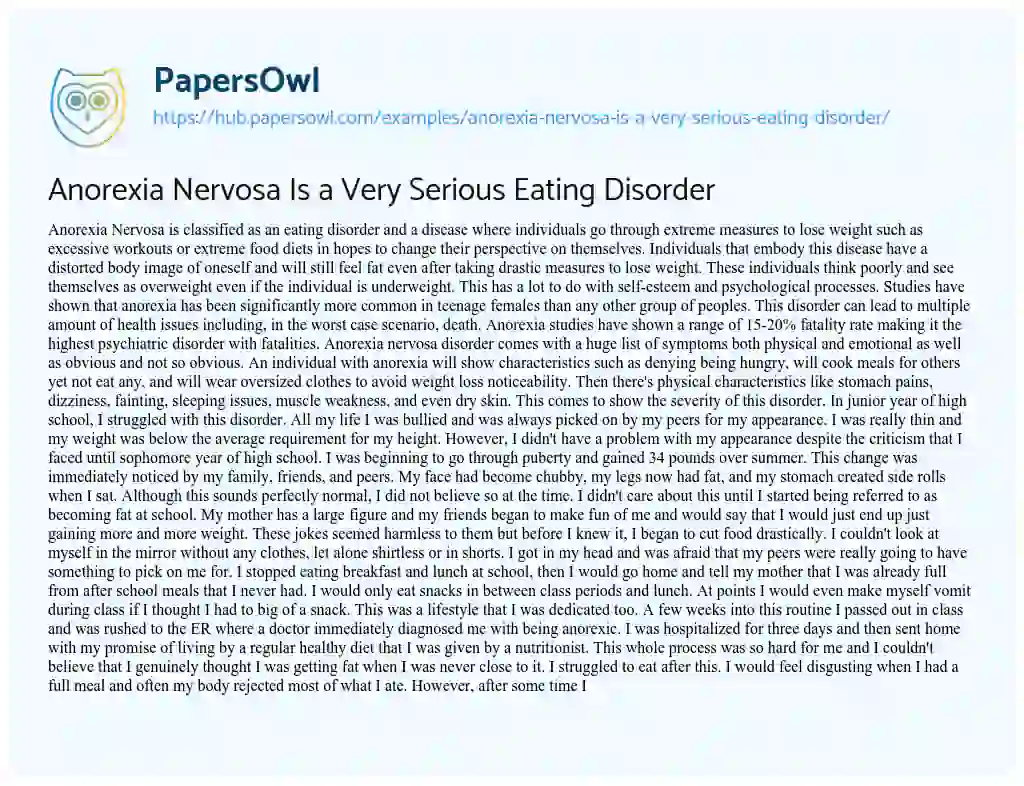 Essay on Anorexia Nervosa Is a Very Serious Eating Disorder