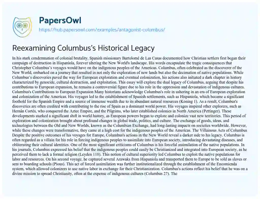 Essay on Reexamining Columbus’s Historical Legacy