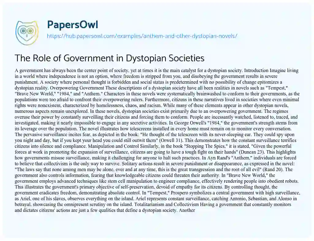 Essay on The Role of Government in Dystopian Societies