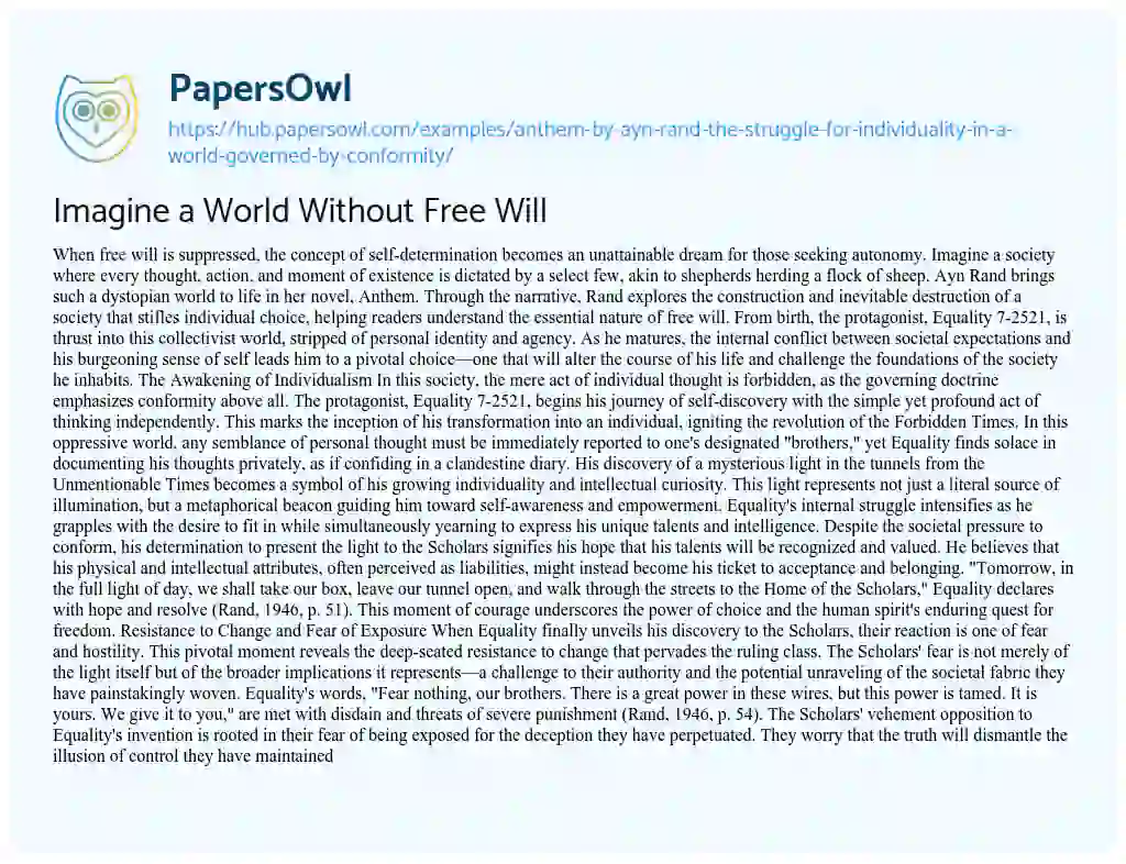 Essay on Imagine a World Without Free Will