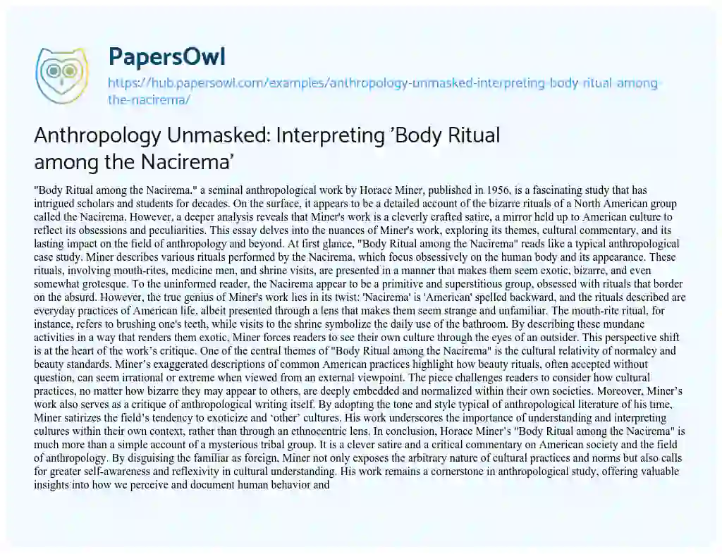 Essay on Anthropology Unmasked: Interpreting ‘Body Ritual among the Nacirema’