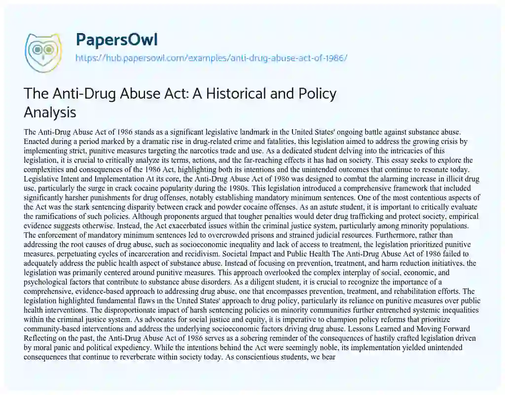 Essay on The Anti-Drug Abuse Act: A Historical and Policy Analysis