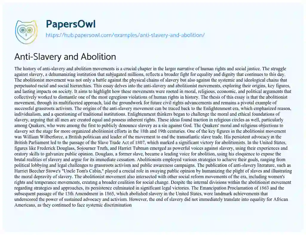 Essay on Anti-Slavery and Abolition