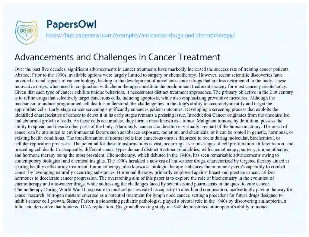 Essay on Advancements and Challenges in Cancer Treatment