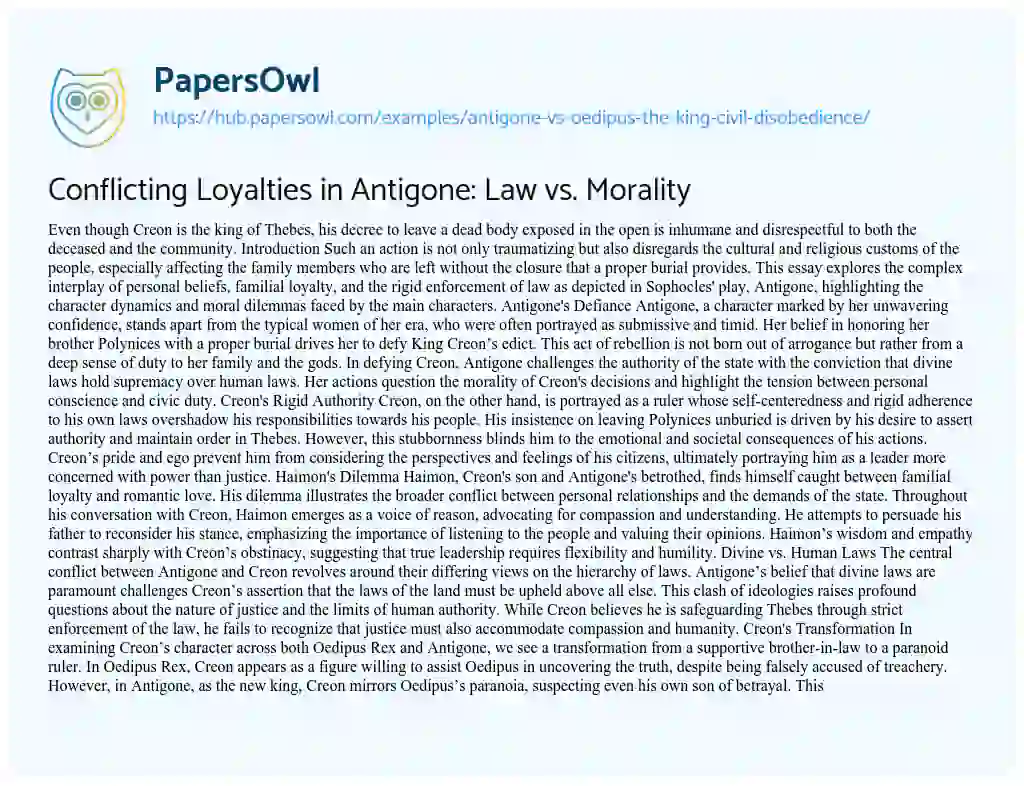 Essay on Conflicting Loyalties in Antigone: Law vs. Morality
