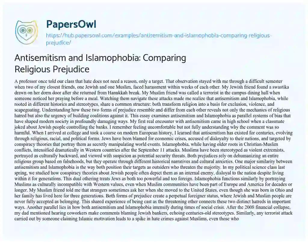 Essay on Antisemitism and Islamophobia: Comparing Religious Prejudice