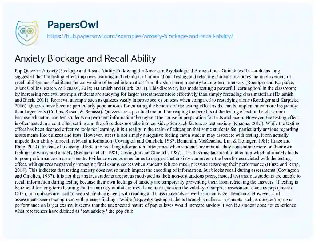 Essay on Anxiety Blockage and Recall Ability