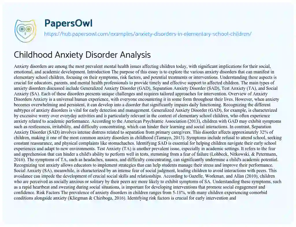 Essay on Childhood Anxiety Disorder Analysis