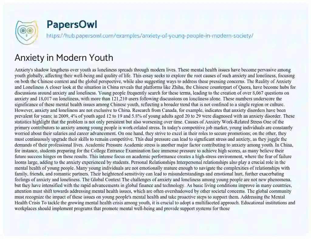 Essay on Anxiety in Modern Youth