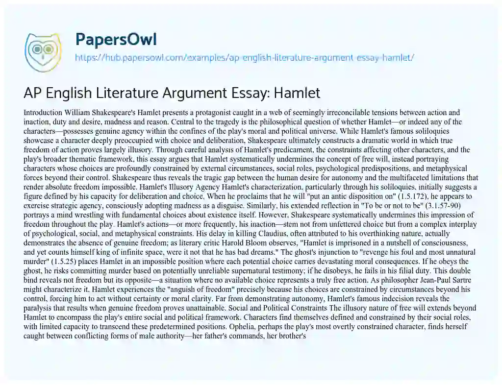 Essay on AP English Literature Argument Essay: Hamlet