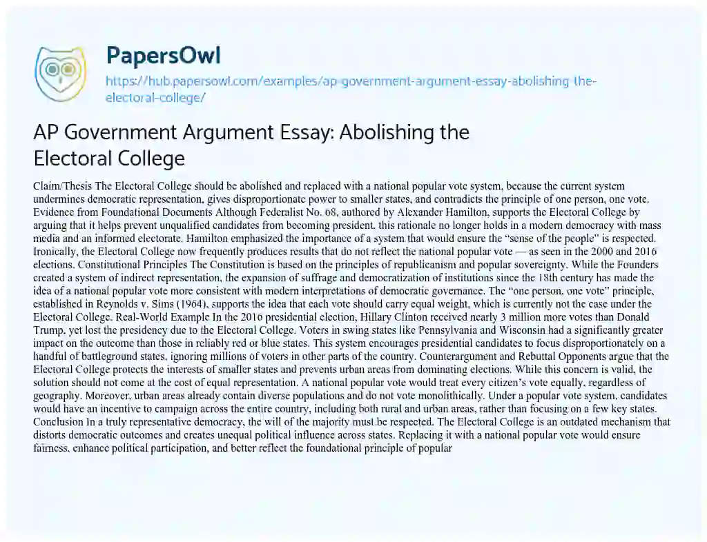 Essay on AP Government Argument Essay: Abolishing the Electoral College
