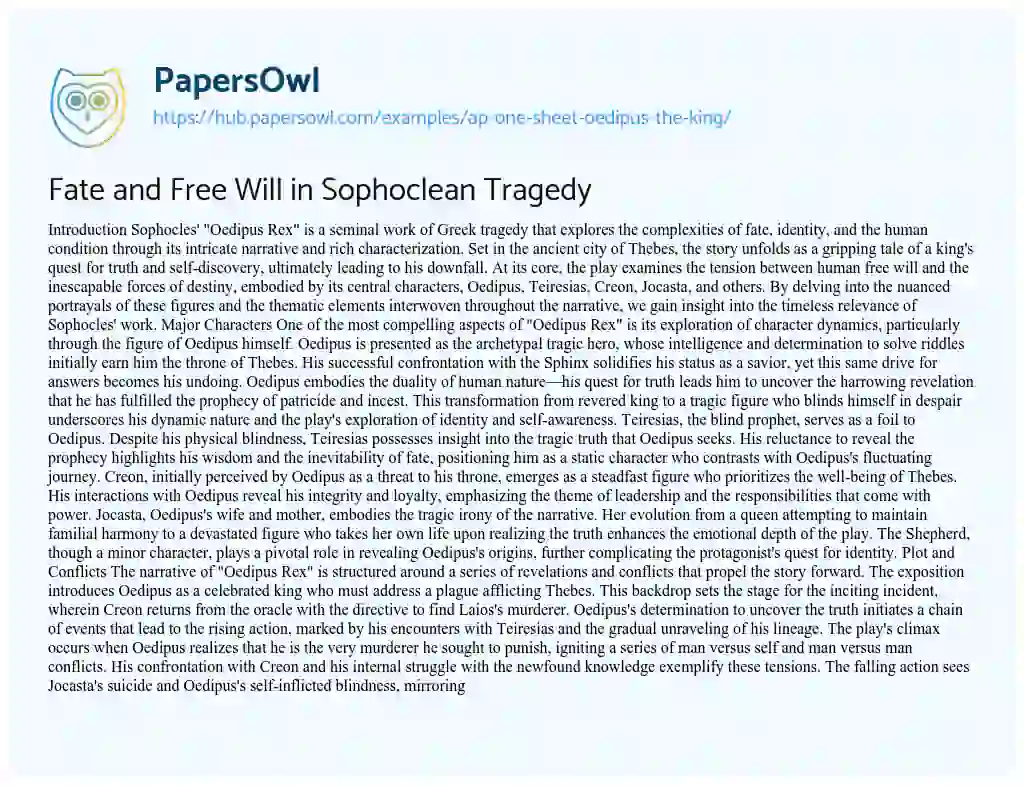 Essay on Fate and Free Will in Sophoclean Tragedy