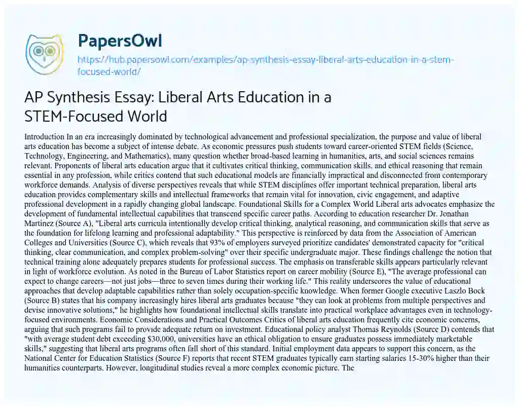 Essay on AP Synthesis Essay: Liberal Arts Education in a STEM-Focused World