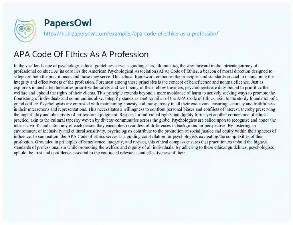 Essay on APA Code Of Ethics As A Profession