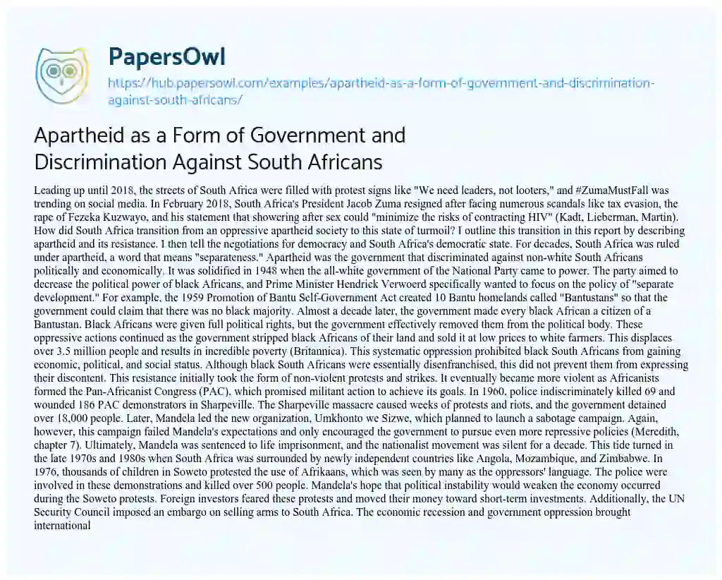 Essay on Apartheid as a Form of Government and Discrimination Against South Africans