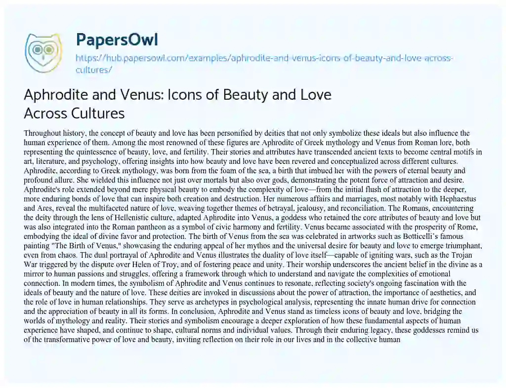 Essay on Aphrodite and Venus: Icons of Beauty and Love Across Cultures