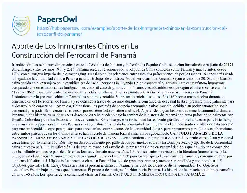 Essay on Aporte de Los Inmigrantes Chinos en La Construcción del Ferrocarril de Panamá