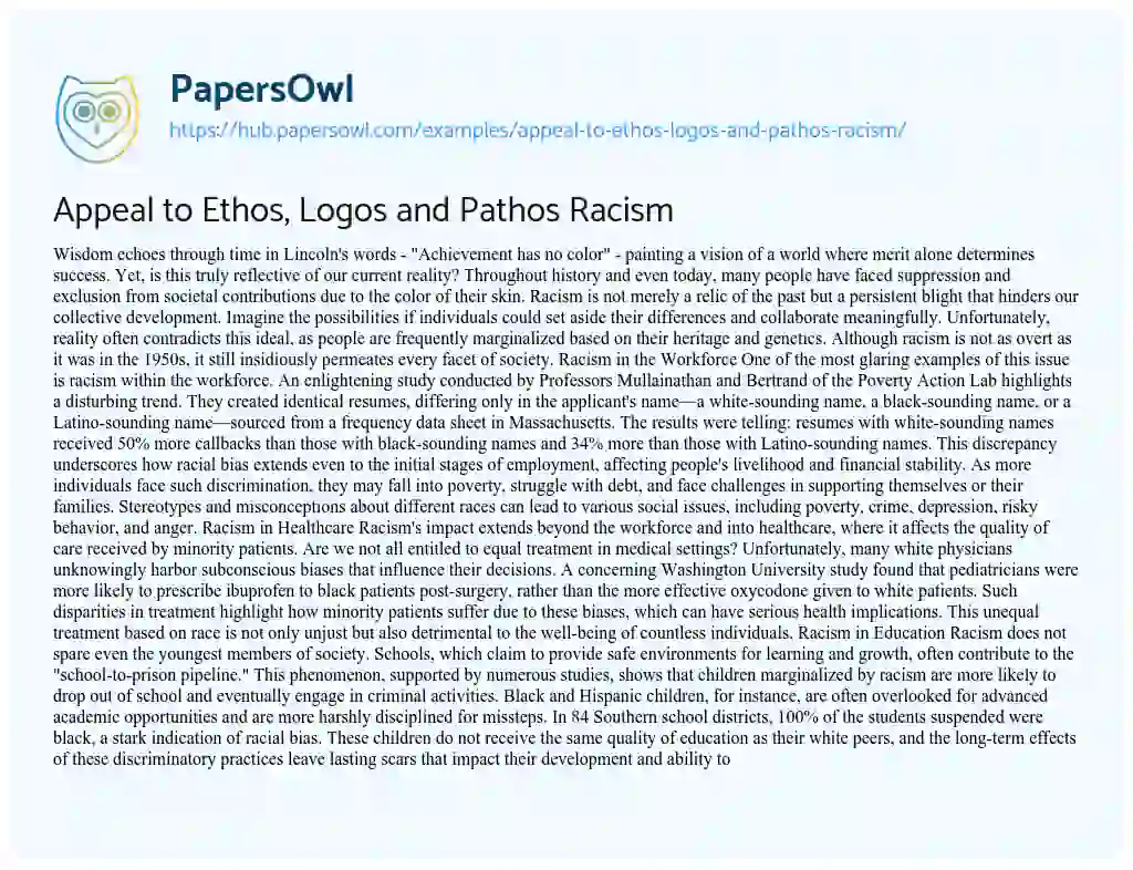 Essay on Appeal to Ethos, Logos and Pathos Racism