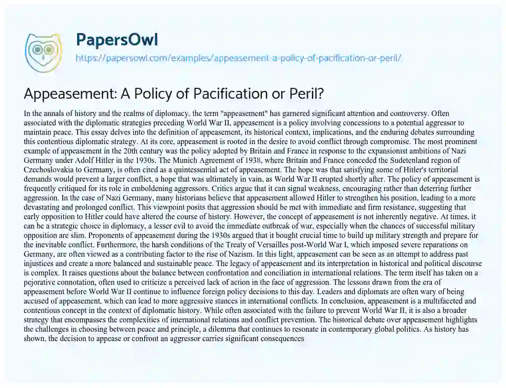 Essay on Appeasement: A Policy of Pacification or Peril?