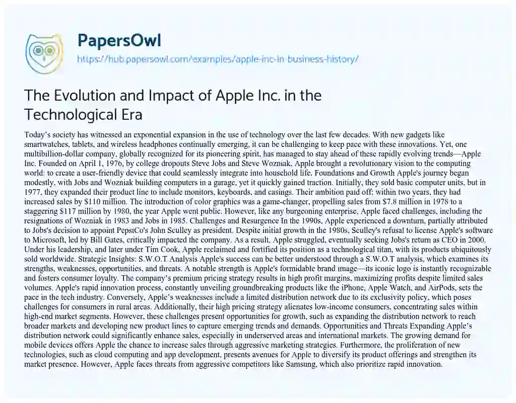 Essay on The Evolution and Impact of Apple Inc. in the Technological Era