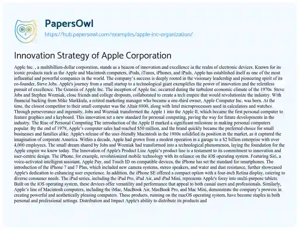 Essay on Innovation Strategy of Apple Corporation