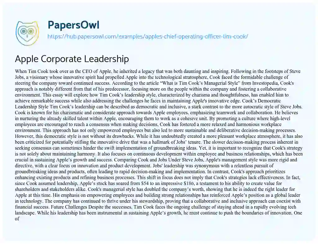 Essay on Apple Corporate Leadership