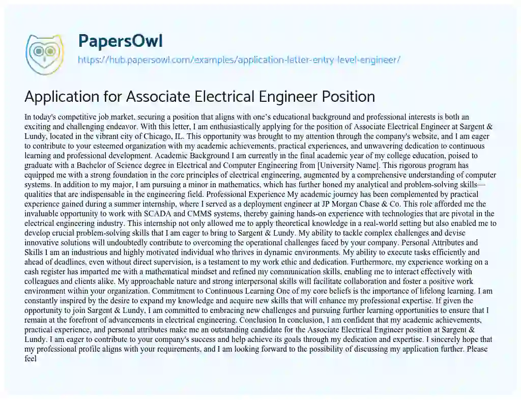Essay on Application for Associate Electrical Engineer Position