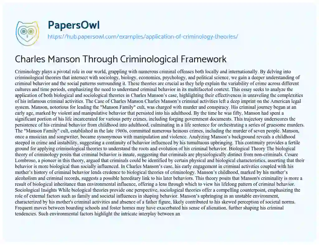 Essay on Charles Manson Through Criminological Framework