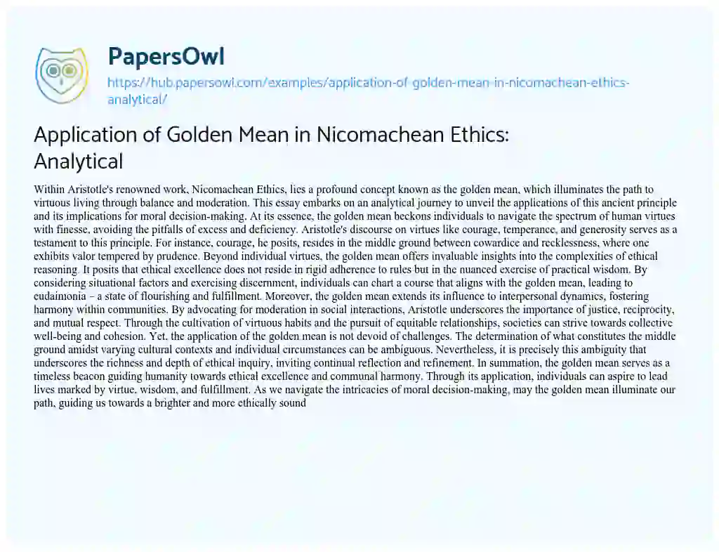 Essay on Application of Golden Mean in Nicomachean Ethics: Analytical